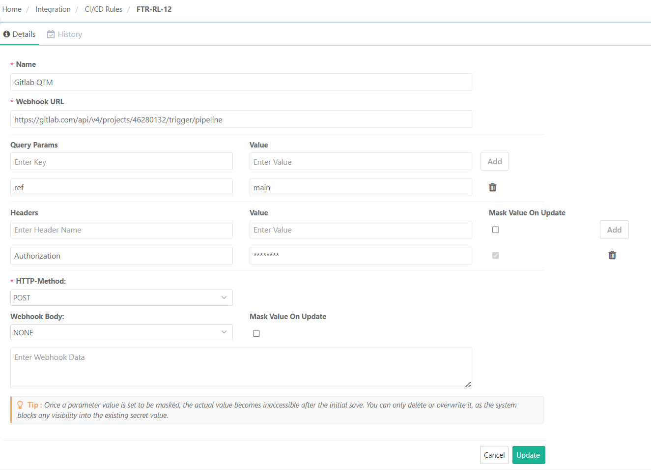CI/CD rule configuration screen in QMetry showing details for a GitLab QTM rule setup. The Webhook URL, headers, and HTTP method (POST) are defined, with the “Authorization” header masked and no parameters or webhook body specified.