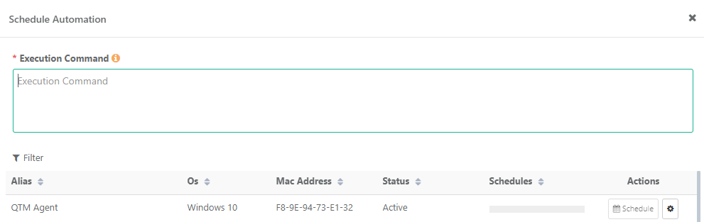 QMetry Enter Execution Command for Schedule Automation Screenshot of the Schedule Automation dialog in QMetry showing an empty execution command field with a list of registered agents and their details such as alias, OS, MAC address, status, and actions.