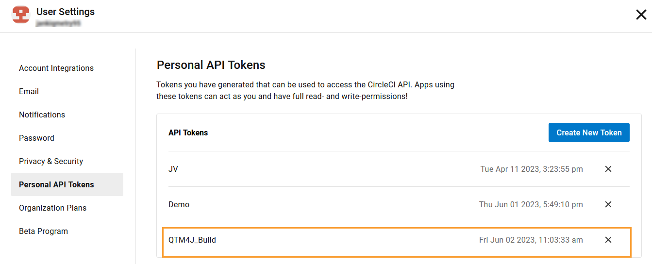 CircleCI Personal API Tokens page showing a list of user-created tokens, including a newly added token highlighted under the API Tokens section.