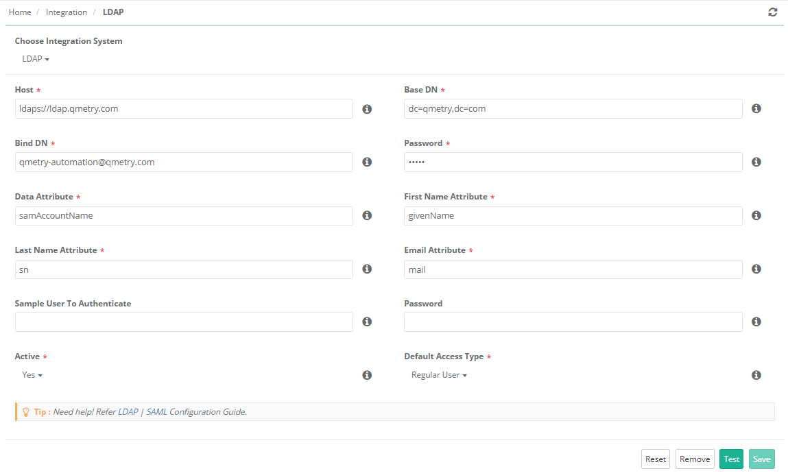 LDAP Integration Configuration Screen LDAP integration setup page showing configuration fields for connecting to an LDAP server. The form includes fields such as Host (ldaps://ldap.qmetry.com), Base DN (dc=qmetry,dc=com), Bind DN, Password, and user attribute mappings (Data Attribute, First Name Attribute, Last Name Attribute, Email Attribute). Additional options include Active status, Default Access Type, and buttons to Test, Save, Reset, or Remove the configuration.