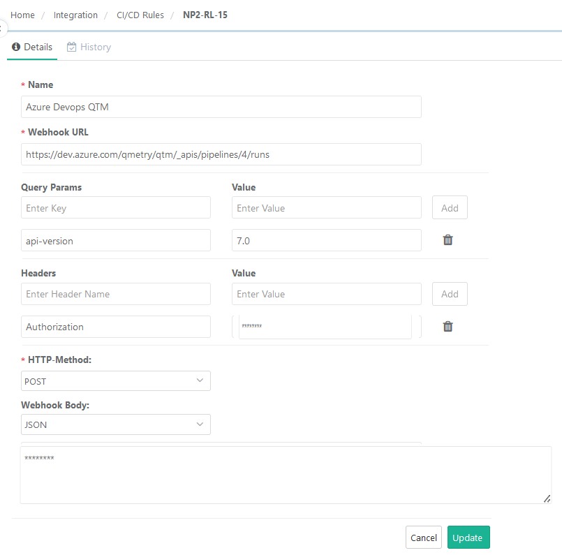 QMetry CI/CD Rule configuration for Azure DevOps showing a webhook URL, Authorization header, POST method, and JSON webhook body without additional parameters.
