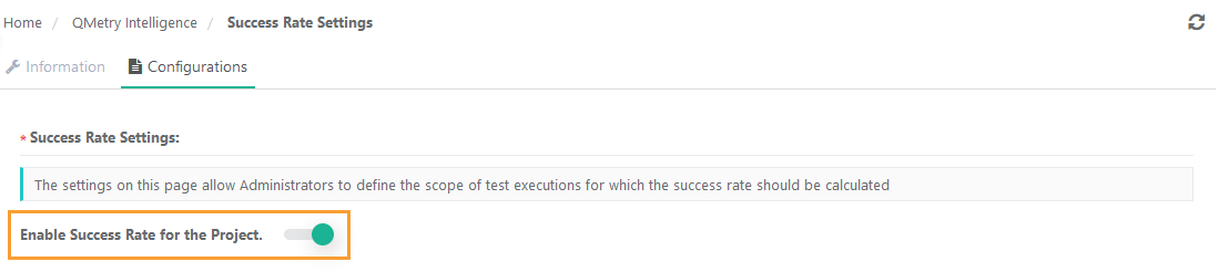 Enable Success Rate for the Project QMetry Success Rate Settings screen showing the configuration option Enable Success Rate for the Project toggled on. This setting allows administrators to define the scope of test executions included in the success rate calculation.