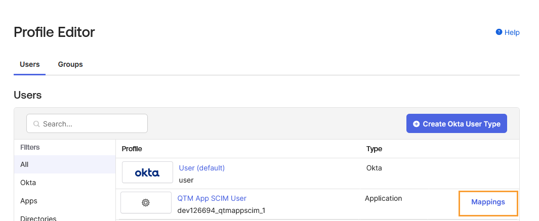 Open Attribute Mappings for QTM App SCIM User Okta Profile Editor interface under the Users tab showing available user profiles. The QTM App SCIM User profile with ID dev126694_qtmappscim_1 is listed under the Application type. The Mappings link is highlighted on the right to indicate the next step — opening and configuring attribute mappings between Okta and QMetry.