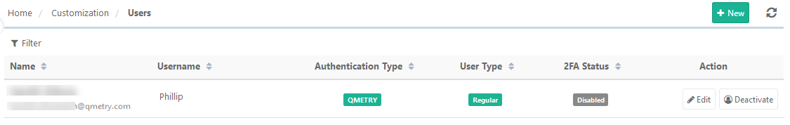 User Successfully Provisioned to QMetry via SCIM QMetry application interface showing a user record under Customization > Users. The newly provisioned user appears with details such as Username, Authentication Type (QMETRY), User Type (Regular), and 2FA Status (Disabled), confirming successful SCIM-based synchronization from Okta.