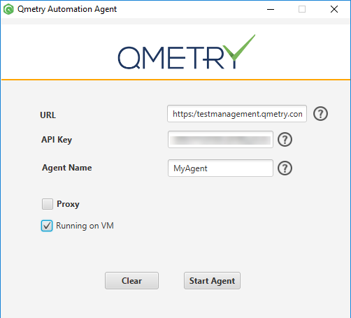 QMetry Automation Agent Configuration Wizard Screenshot of the QMetry Automation Agent configuration window with fields for URL, API Key, Agent Name, Proxy option, and Running on VM checkbox, along with Clear and Start Agent buttons.