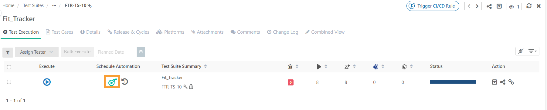 QMetry Schedule Automation for a Single Test Suite Screenshot of the Test Execution screen in QMetry for the test suite “Fit_Tracker” showing the Schedule Automation icon alongside the manual execution button.