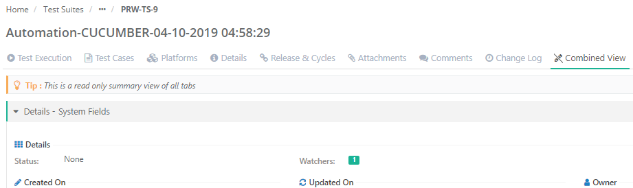 QMetry Test Suites: Combined View Screenshot of the Test Suites page in QMetry showing a combined view of a suite named “Automation-CUCUMBER-04-10-2019” with tabs for Test Execution, Test Cases, Platforms, Details, Release & Cycles, Attachments, Comments, and Change Log.