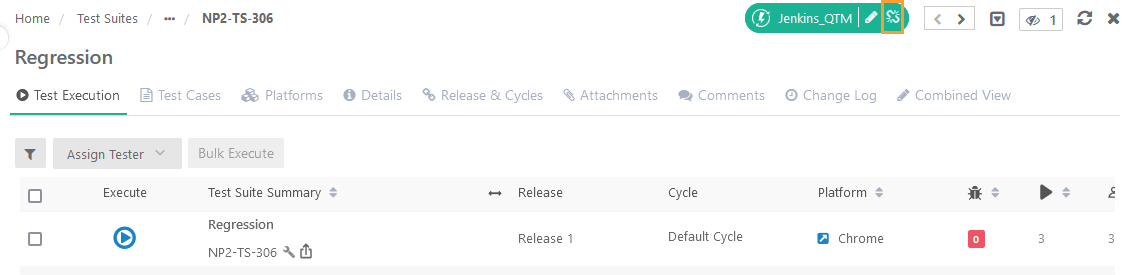 Test Execution screen of a Regression test suite showing the CI/CD rule link with the Unlink icon highlighted.