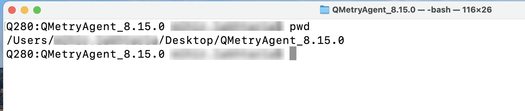 QMetry Automation Agent Directory on Linux/MacOS Terminal Screenshot of a MacOS terminal showing the user inside the extracted QMetryAgent_8.15.0 directory after running the unzip command.