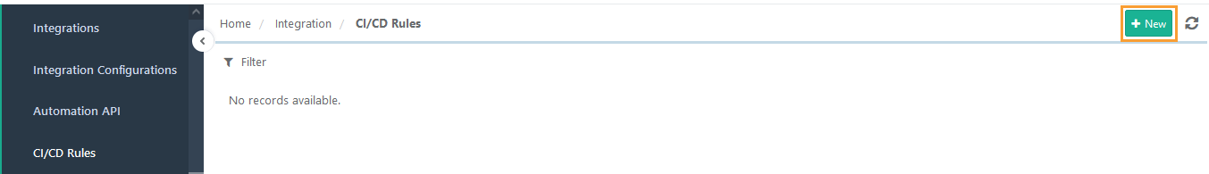 CI/CD Rules page under Integrations with no existing records. The "+ New" button in the top-right corner is highlighted for creating a new rule.