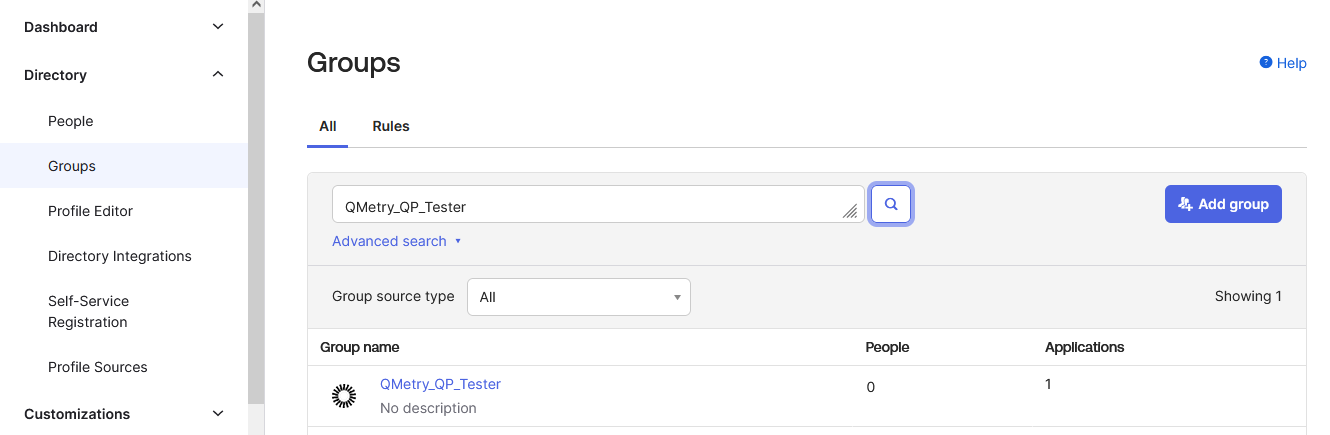 iew Synced Group in Okta Directory Okta Groups page under Directory, showing the QMetry_QP_Tester group listed with 0 People and 1 Application assigned. The search bar at the top filters results, confirming that the group has been successfully synced and linked to the QTM App SCIM integration.