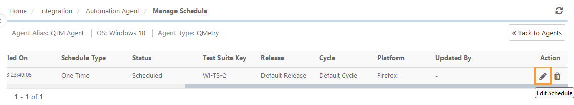 QMetry Edit Scheduled Task Screenshot of the Manage Schedule page in QMetry showing a one-time scheduled task with details including schedule type, status, test suite key, release, cycle, platform, and an option to edit the schedule under the Action column.
