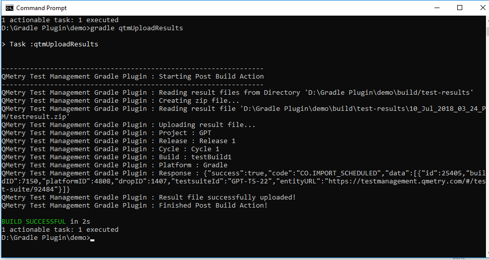 Screenshot of a Windows Command Prompt showing the execution of the QMetry Test Management Gradle Plugin (qtmUploadResults task). The output demonstrates reading test result files, creating a ZIP archive, uploading results, and receiving a success response. The build completes successfully with the message “BUILD SUCCESSFUL in 2s.”
