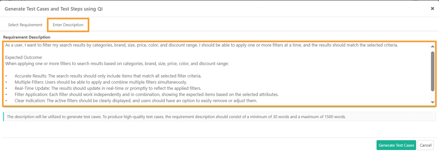 Entering a Description to Generate Test Cases Using QI Screenshot of the Enter Description tab where users type a requirement description and expected outcomes. The description entry box is highlighted.