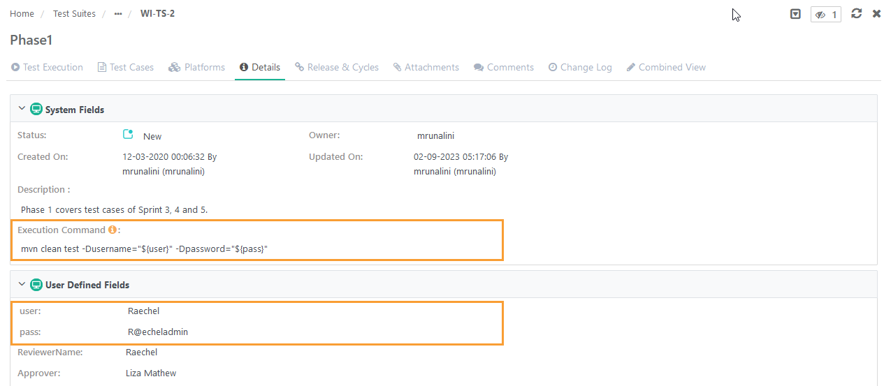 Execution Command with System and User-Defined Fields Test Suite details view showing system fields with an execution command and user-defined fields, including username and password values.