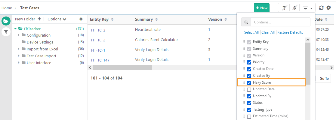 QMetry Test Cases module displaying the column selection menu with the Flaky Score option checked. This allows users to view each test case’s flaky score directly in the test case list. The example shows a test folder named FitTracker with multiple test cases listed under it.