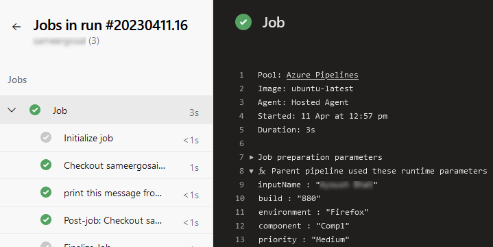 Azure DevOps job execution view showing runtime parameters such as input name, build number, environment, component, and priority within the job preparation parameters section.