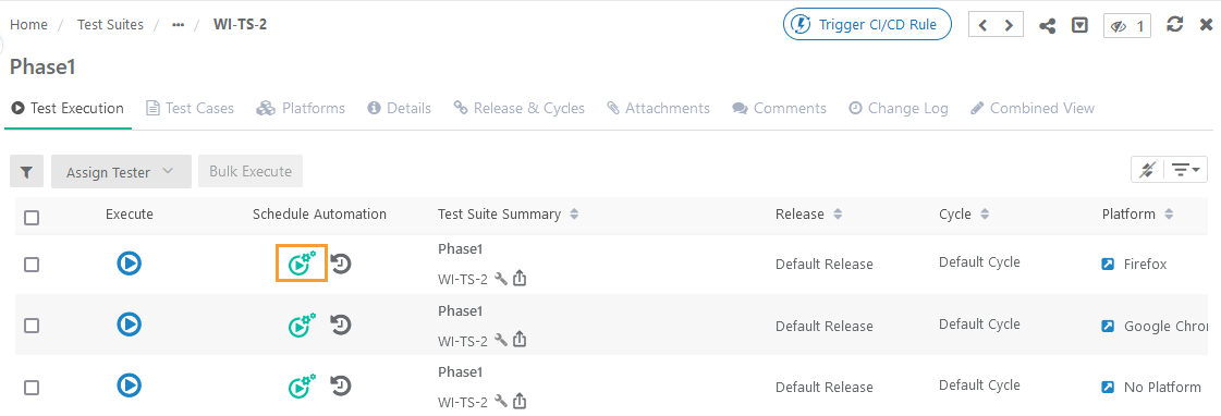 QMetry Schedule Automation from Test Execution Screenshot of the Test Execution screen in QMetry showing a list of test suites with options to execute, schedule automation, view details, and platform assignments