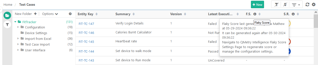 QMetry Test Cases list showing the Flaky Score (F.S.) column with an information tooltip open. The tooltip displays the last generation details. It also guides users to navigate to the Flaky Score Settings page to update or manage configurations.