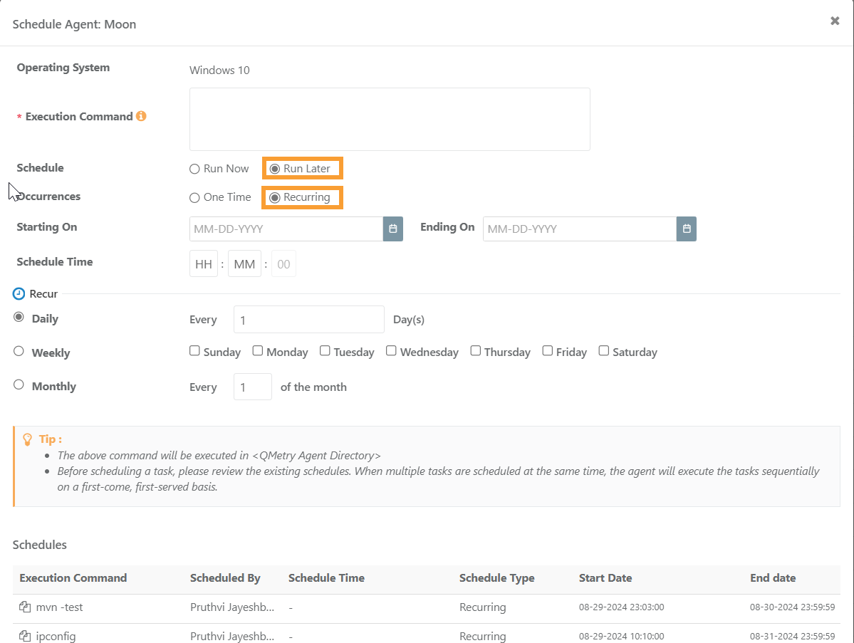 QMetry Schedule Automation Agent – Run Later with Recurring Occurrence Screenshot of the Schedule Agent window in QMetry showing the “Run Later” option with “Recurring” selected. The interface includes options to configure recurrence as Daily, Weekly, or Monthly, along with start and end dates, schedule time, and recurrence frequency.