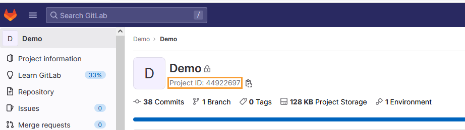 GitLab project overview page displaying project details for “Demo,” highlighting the Project ID number 44922697 along with commit count, branch, tags, storage size, and environment information.