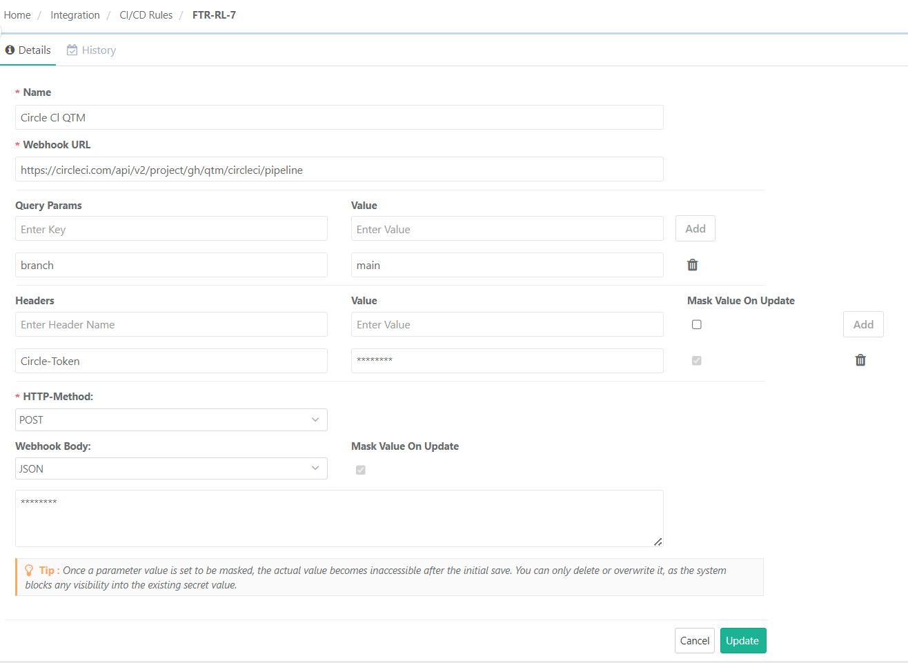 CI/CD rule configuration screen for “Circle CI QTM” displaying webhook URL, Circle-Token header, and POST method with JSON webhook body and an added branch parameter.