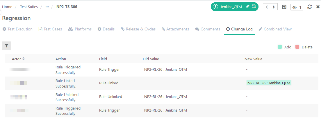 Change Log tab of a Regression test suite showing actions related to CI/CD rule linking, unlinking, and triggering.