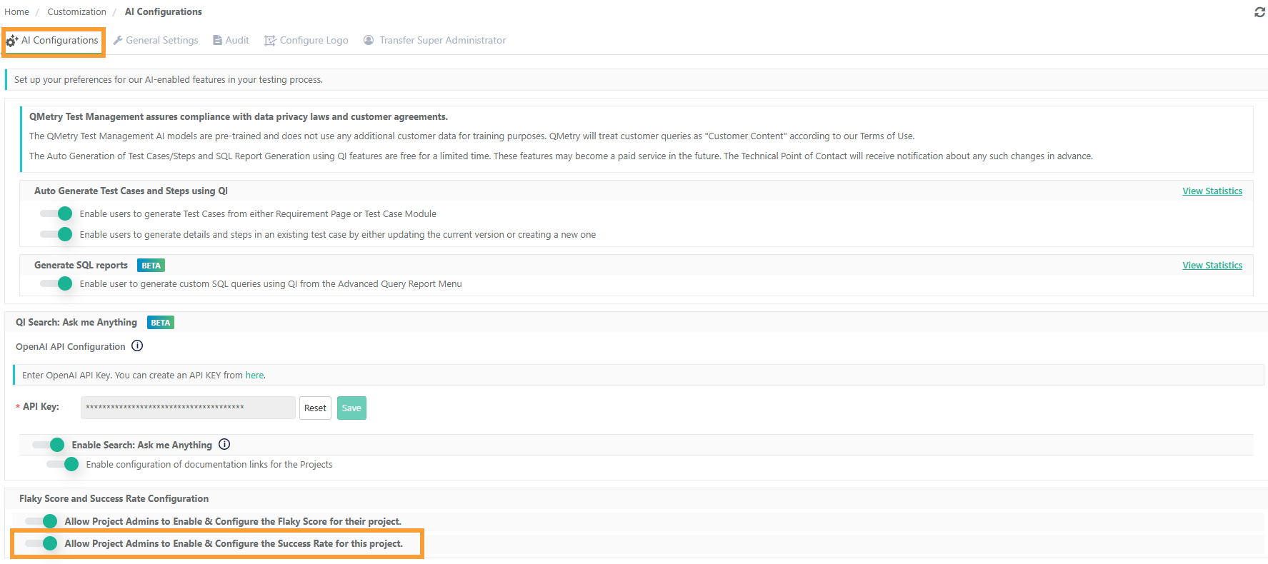 Enable Allow Project Admins to Configure Success Rate Setting QMetry AI Configurations screen showing the Flaky Score and Success Rate Configuration section. The toggle Allow Project Admins to Enable & Configure the Success Rate for this project is switched on, giving administrators permission to manage success rate settings at the project level within the customization area.