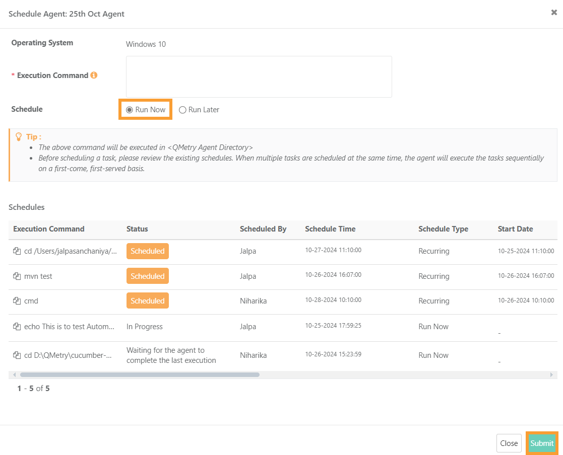 QMetry Schedule Automation Agent – Run Now Option Screenshot of the Schedule Agent window in QMetry showing the option to enter an execution command, select “Run Now” or “Run Later,” and a list of existing schedules with their status, schedule type, and start date.