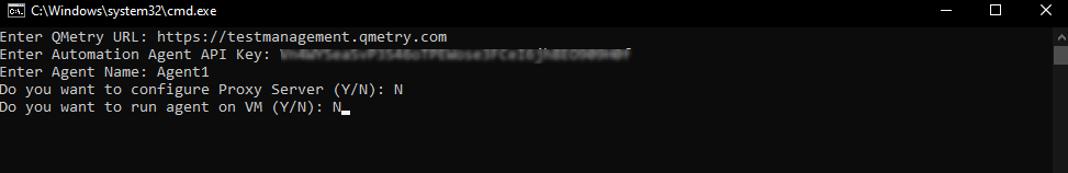 QMetry Automation Agent Command-Line Configuration on Windows Screenshot of Windows Command Prompt showing QMetry Automation Agent setup steps, including prompts for URL, API Key, Agent Name, Proxy Server, and VM option.