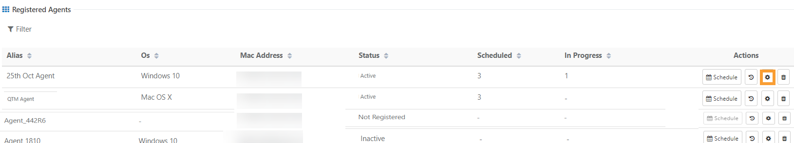 QMetry Manage Agent Schedules Screenshot of the Registered Agents table in QMetry highlighting the gear (settings) icon under the Actions column, used to manage an agent’s schedules.