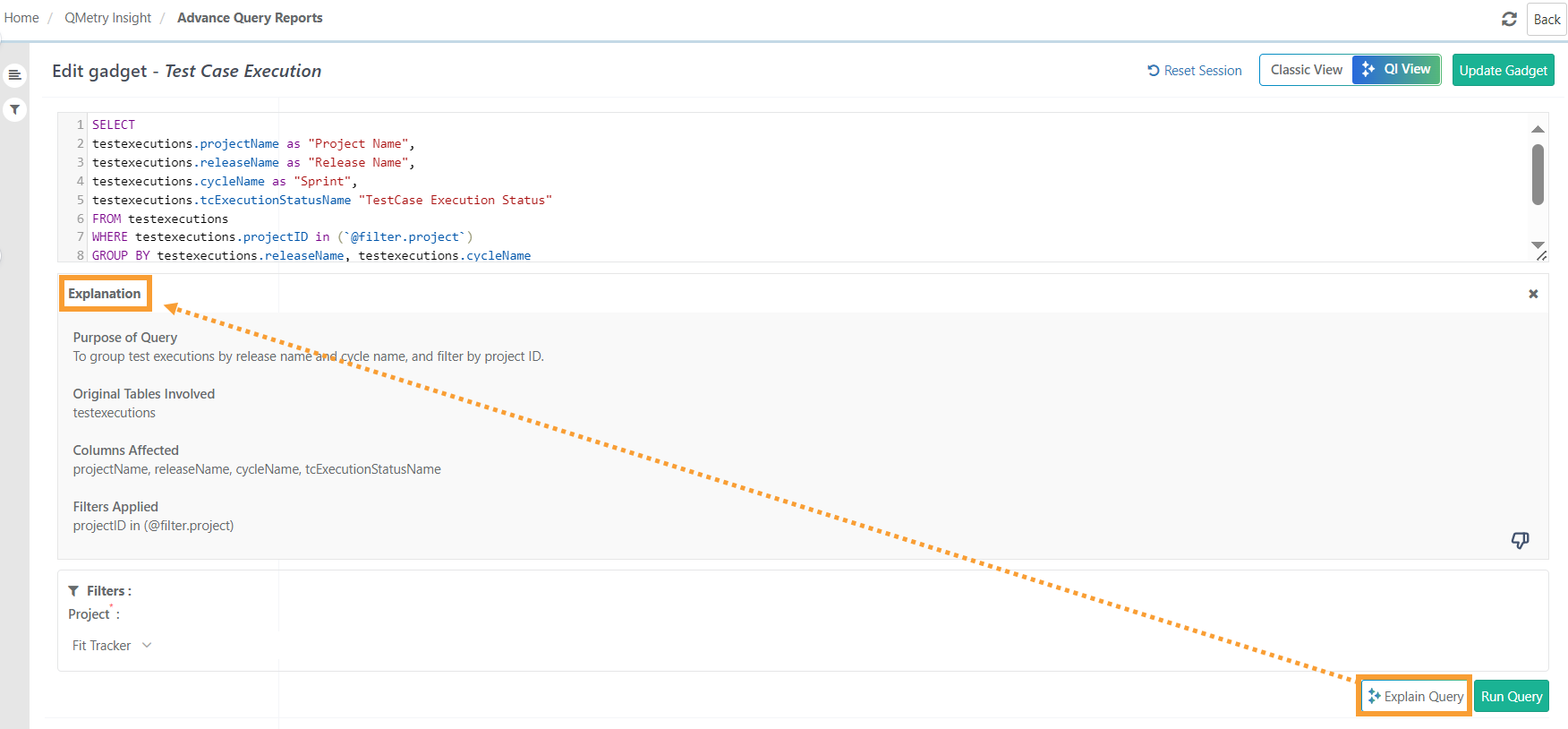 QMetry Query Assistant interface displaying the “Explain Query” option and corresponding “Explanation” section. The explanation provides details such as the purpose of the query, tables involved, affected columns, and applied filters, helping users understand the logic behind the generated SQL statement.