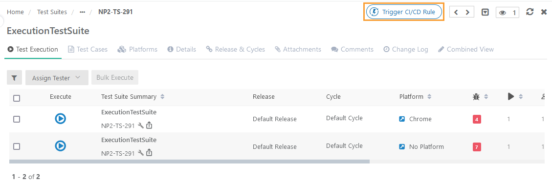 Test Execution screen showing test suite with highlighted “Trigger CI/CD Rule” button.