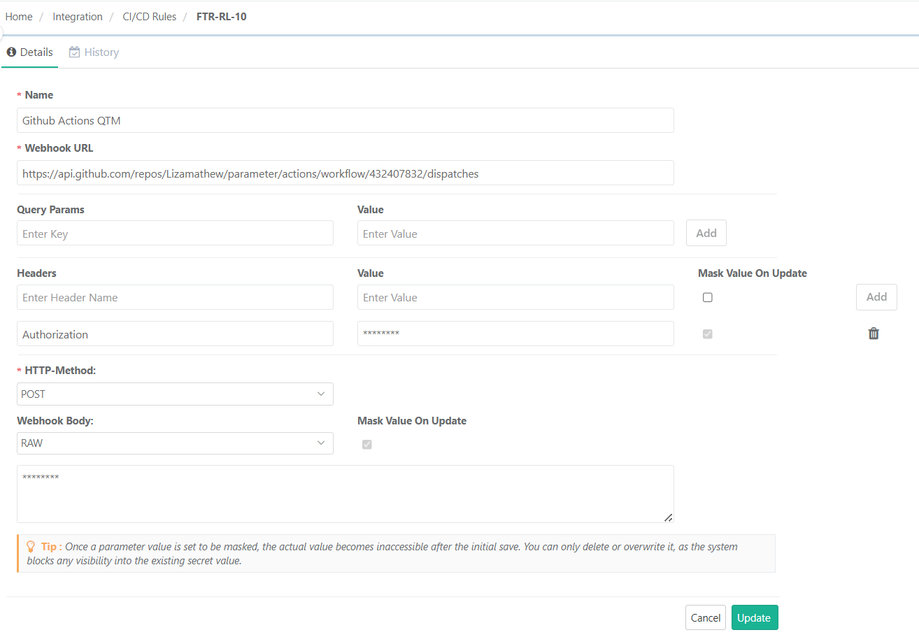 CI/CD rule configuration screen for “GitHub Actions QTM” showing a webhook URL, masked Authorization header, POST method, and RAW webhook body format with masked JSON content.