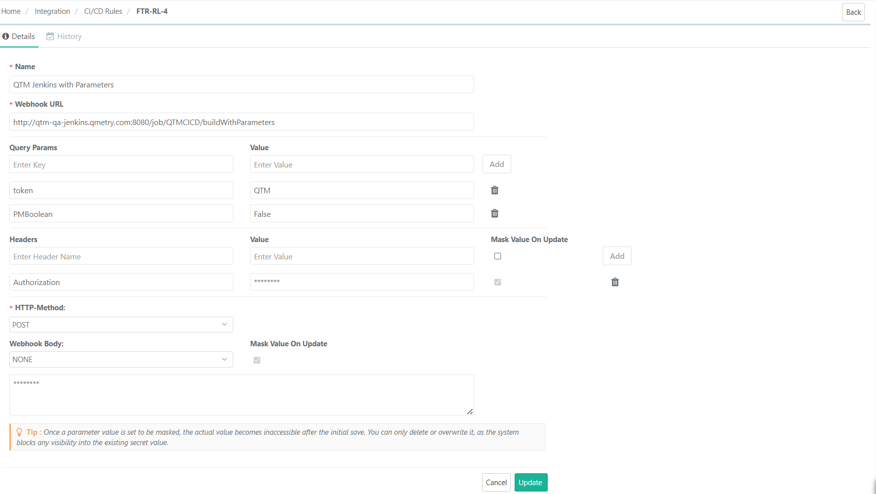 CI/CD Rule configuration screen showing Webhook URL, Query Params, Headers, HTTP Method, Webhook Body, and an option to mask values on update. Example query parameters like token=QTM and PMBoolean=False are included.
