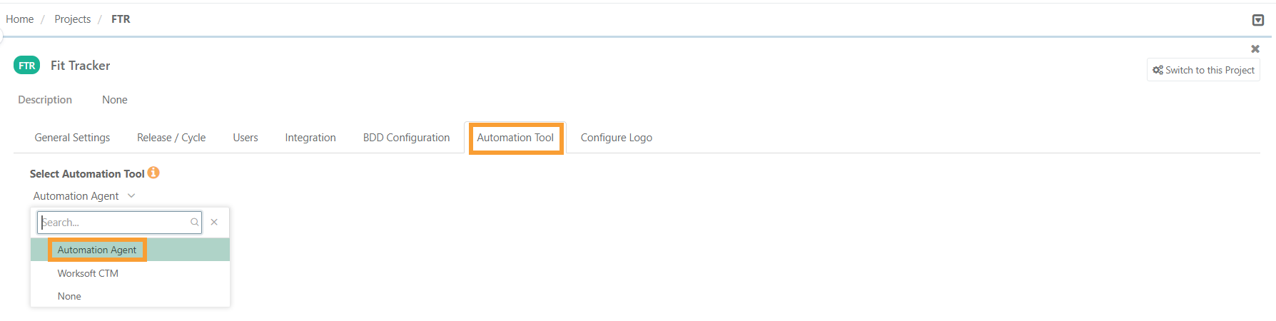 Selecting Automation Agent as Automation Tool Project settings screen showing the Automation Tool tab with a dropdown menu where "Automation Agent" is selected.