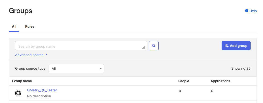 Group Added to Okta Group List Okta Groups page displaying a newly created group named QMetry_QP_Tester under the All tab. The table shows columns for Group name, People, and Applications, with zero members and applications currently assigned.