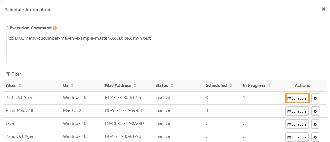 QMetry Schedule Automation with Execution Command Screenshot of the Schedule Automation dialog in QMetry with an execution command entered and the Schedule button highlighted for an agent in the list.