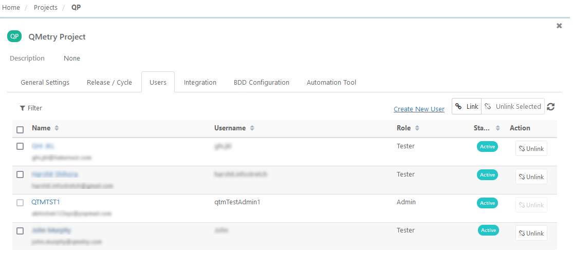SCIM-Provisioned User Appears in QMetry Project QMetry Project screen displaying the Users tab. The list shows multiple users with roles such as Tester and Admin, and all marked as Active. This confirms that the user provisioned through Okta SCIM has been successfully linked and is now visible within the QMetry project user list.