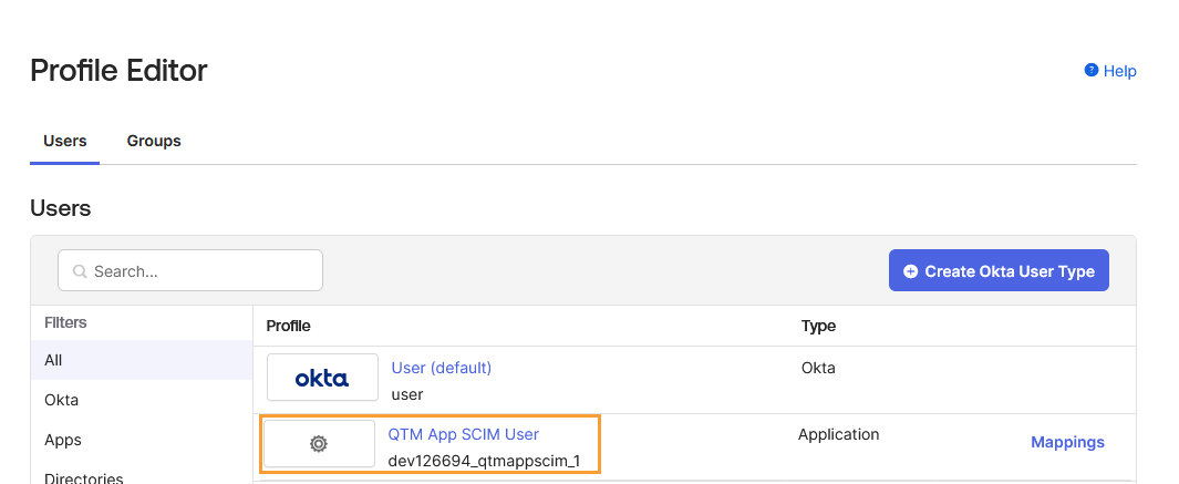 Open QTM App SCIM User Profile in Okta Okta Profile Editor interface showing the Users tab. The custom profile QTM App SCIM User with identifier dev126694_qtmappscim_1 is highlighted under the Profile column, with type listed as Application. The default Okta User (default) profile appears above it, and the Create Okta User Type button is visible on the right.
