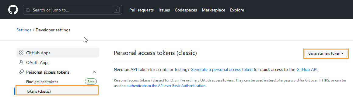 GitHub Developer Settings page showing the Personal access tokens (classic) section with an option highlighted to Generate new token for creating a new authentication token.
