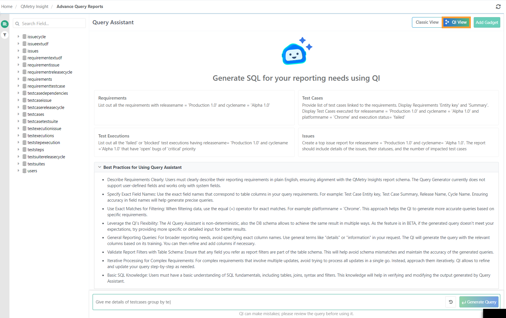 QMetry Advance Query Reports screen showing the Query Assistant interface. The highlighted QI View option is active, allowing users to automatically generate SQL for reports using natural language input. The interface includes a sidebar with database fields, example use cases for Requirements, Test Cases, Test Executions, and Issues, as well as best practices for writing effective queries.