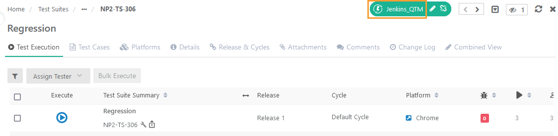 Test Execution screen of a Regression test suite showing a linked CI/CD rule button (Jenkins_QTM).