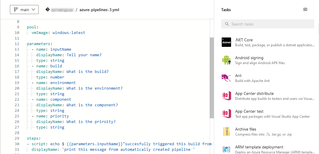 Azure DevOps editor showing an example azure-pipelines.yml file that defines parameters like name, build, environment, component, and priority, along with a script step that echoes a message when the pipeline is triggered.