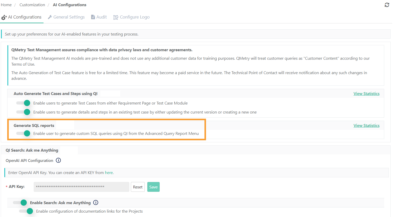 QMetry AI Configurations screen highlighting the Generate SQL reports option. This setting allows users to create custom SQL queries using Query Intelligence (QI) from the Advanced Query Report Menu for advanced reporting and data insights.
