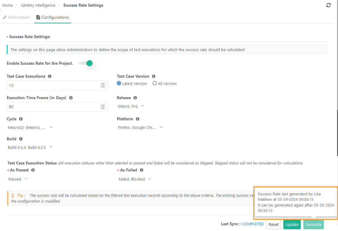 Configure Success Rate Settings QMetry Success Rate Settings page showing project-level configuration options. The screen includes fields for Test Case Executions, Execution Time Frame, Release, Cycle, Platform, and Build, with filters for As Passed and As Failed statuses.