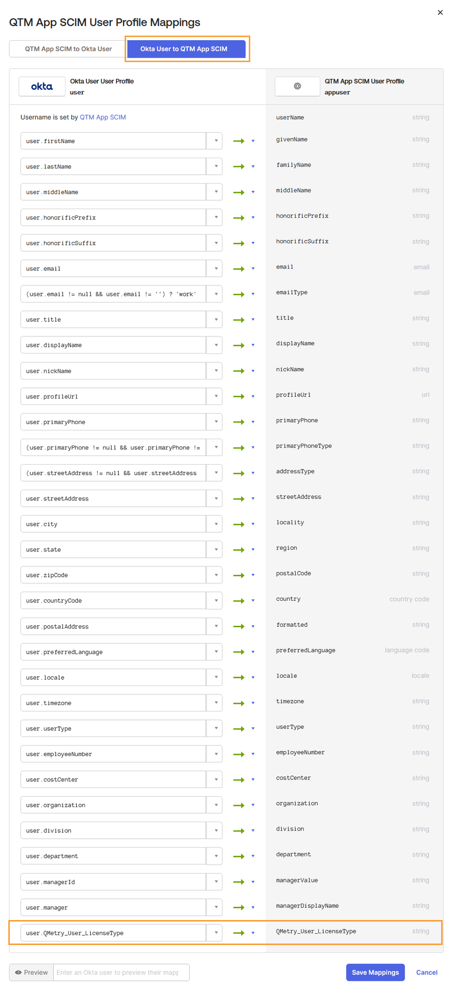 Configure and Save QTM App SCIM User Profile Mappings Okta QTM App SCIM User Profile Mappings screen showing mapping direction Okta User to QTM App SCIM. The table lists multiple Okta user attributes (like firstName, lastName, email, city, userType) mapped to corresponding QTM SCIM profile fields. The last mapping highlights the custom attribute user.QMetry_User_LicenseType mapped to QMetry_User_LicenseType on the QTM App SCIM profile. The Save Mappings button appears at the bottom right.
