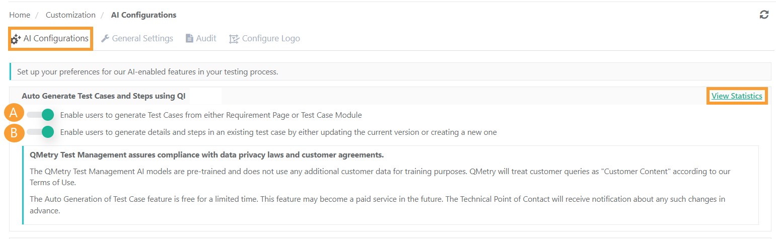 Screenshot of QMetry AI Configurations page showing two toggles that enable users to generate test cases from requirements or update test cases with QI. The “View Statistics” link is highlighted.